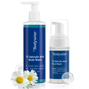 Bodywise 1% Salicylic Acid Body Wash 250ml & Oil Control Face Wash 120ml | Helps to Prevent Body Acne & Cleanse Skin | Helps to Reduce and Prevent Face Acne | Paraben and Sulphate Free|