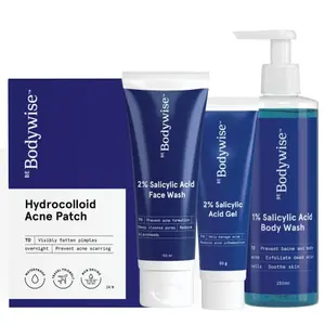 Bodywise Acne Kit |1% Salicylic Acid Body Wash 250ml | 2% Salicylic Acid Face Wash 100ml | 2% salicylic acid gel 30 grams | Acne Pimple Patch for Women(24 Dots | 3 Sizes)