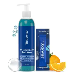 Bodywise 1% Salicylic Acid Body Wash 375 mL & Collagen Builder Sampler | Helps to Prevent Body Acne & Cleanse Skin | Paraben and SLS free
