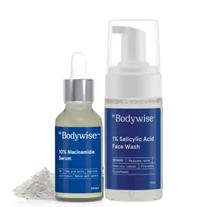 Bodywise 1% Salicylic Acid & 1% Glycolic Oil Control Face Wash for Acne & Pimples 120ml & 10% Niacinamide Face Serum with 1% Zinc PCA 30ml | For Acne & Pimple | Reduces Excess Oil and Exfoliates