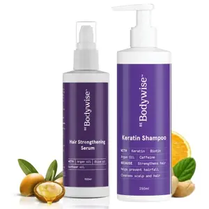 Bodywise Keratin Hair Fall Control Paraben & Sulphate Free Shampoo (250ml) & Hair Strengthening Serum (100ml) | Reduces Frizz Adds Natural Shine Nourishes & Strengthens