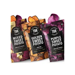 TBH - To Be Honest Vegetable Chips | 270 g (Pack of 3 90 g Each Variants) | Mixed Sweet Potato With Rock Salt And Pepper Golden Sweet Potato With Peri Peri Purple Sweet Potato With Pani Puri Masala