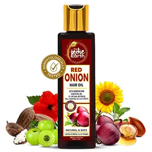 THE INDIE EARTH RED ONION HAIR OIL 200 ML - ANTI HAIR LOSS & HAIR GROWTH OIL WITH BLACK SEED CURRY LEAF HIBISCUS BHRINGRAJ & 29+ NATURAL OILS & EXTRACTS | BEST ANT HAIR FALL OIL | BEST ONION OIL