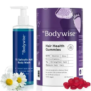 Bodywise Biotin Hair Gummies 60s Pack and 1% Salicylic Body Wash 250ml for Women | Biotin Helps Reduce & Control Hair fall | Helps Prevent Body Acne & Cleanse Skin | No Added Sugar Paraben SLS Free