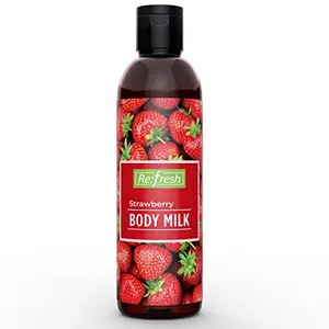 Refresh Strawberry Body Milk 200 ml with Aloe Vera Extract For Skin Mosturization | Suiteable For All Skin Types | Long Lasting Strawberry Fruit Fragrance