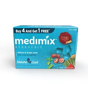 Medimix Nature Cool Soap with Vetiver Grape Seed and Menthol with 99.99% germ protection 125 Gm buy 4 Get 1 Free