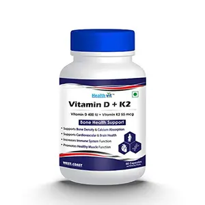 Healthvit Vitamin D3-400 IU with Vitamin K2-55mcg for Bone Health Support- 60 Capsules