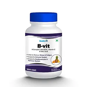Healthvit Vitamin B Complex with Vitamin B1 B2 B6 Biotin Vitamin C and Folic Acid - 60 B Complex Vitamin tablets for Energy Boost Mental Power & Metabolism