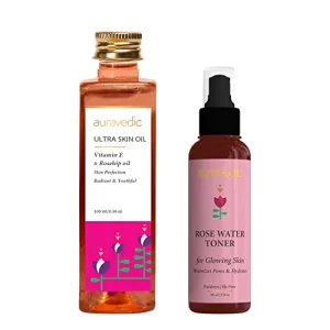 AURAVEDIC Vitamin E rose glow with Rosehip oilUltra Skin oil Olive oil Almond oil for skin & Gulab Jal Face Toner For Pores Tightening