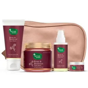 Mother Sparsh Rose & Beetroot Glow Boosting Kit for Dull & Uneven Skin Tone | Contains Face Wash 75ml+ Face Ubtan 75gm+ Lip Balm 10gm + Face Oil 50 ml + Free Leather Bag