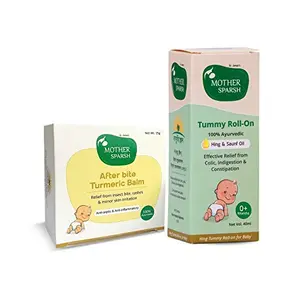 Mother Sparsh Tummy Roll On for Baby Colic Relief and Digestion 100% Ayurvedic Hing & Saunf 40ml + After Bite Turmeric Balm for Rashes and Mosquito Bites 100% Ayurvedic-25grm