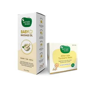 Mother Sparsh Ayurvedic Baby Massage Oil 18 Herbal extracts and Oils - Lajjalu tagar Almond & AVO + After Bite Turmeric Balm