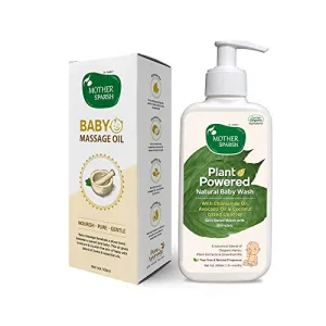 Mother Sparsh Ayurvedic Baby Massage Oil 18 Herbal extracts and Oils - Lajjalu tagar Almond & Avo + Plant Powered Natural Baby Wash 200 ml