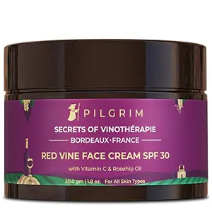 Pilgrim Red Vine Face Cream with SPF 30 Sunscreen Rosehip Oil & Vit C For Anti Ageing Sun Protection PA+++ Daily Use Dry Oily Combination Skin Men & Women 50g
