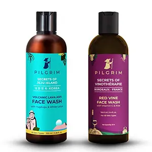 Pilgrim Jeju Face Wash Cleanser 100ml + Red Vine Face Wash Cleanser 100ml for Deep Pore Cleansing Oil Control Pollution Defence Anti Ageing Dark Spots Removal Dry Oily Skin Men and Women Vegan