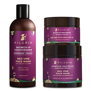 Pilgrim Red Vine Skin Brightening & Firming Kit | Pore Clearing Face Mask 100g Cleansing Face Wash 100ml Brightening Face Cream SPF 30 50g | For Glowing Skin | For Women & Men