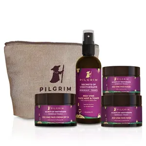 Pilgrim Red Vine At-home Facial Kit with Eco-friendly Jute Bag | Instant Glow | Set of 4: Face Toner Face Scrub Face Cream Face Mask | Vegan | Cruelty Free | Skincare
