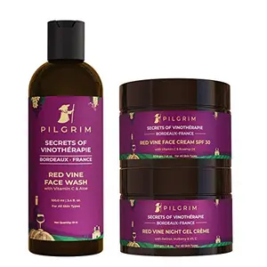 Pilgrim Red Vine AM PM Face Care Kit Red Vine Face Wash 100ml Face Cream SPF 30 50gm & Night Gel Creme 50gm Anti-Ageing De-Pigmentation Skin Repair All Skin Types Men & Women