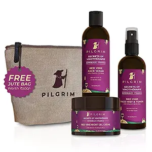 Pilgrim Red Vine Face Care Kit For Night Care with Eco-friendly Jute Bag | Face Wash 100ml Face Mist & Toner 100ml Night Creme Gel 50g | Anti-Ageing Skin Repair | Glowing Skin | All Skin | Men & Women