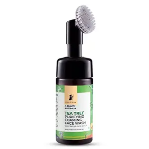 Pilgrim Tea Tree & 1% Salicylic acid Foaming Face wash with brush | Tea Tree face wash with 1% salicylic acid & CICA for oily skin acne and pimples | Oily skin cleanser for face | Women & Men| 120 ml