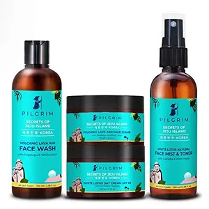Pilgrim Jeju Complete FaceCare Bundle| Deep Cleansing Boosts Circulation | Anti- Ageing | Face Wash 100ml Face Scrub 100gDay Cream Tnted SPF 50Face Mist & Toner 100ml | All Skin type | Men & Women