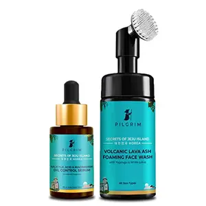 Pilgrim Clean & Clear Face Kit | 2% Salicylic Acid & Niacinamide Oil Control Serum 30ml Anti-Acne Foaming Face Wash with Built-In Brush 120ml | Korean Skin Care Products | All Skin Types