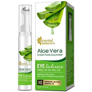 Oriental Botanics Aloe Vera Green Tea & Cucumber Eye Radiance Under Eye Gel Roll on 15 ml | Infused with Aloe Vera Green Tea & Cucumber | Helps Reduce Under Eye Puffiness | Cruelty Free & Vegan