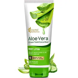 Oriental Botanics Aloe Vera Green Tea & Cucumber Body Lotion 200 ml | Infused with Aloe Vera Green Tea & Cucumber | Smoothens & Hydrates Skin | Cruelty Free & Vegan | Paraben Free