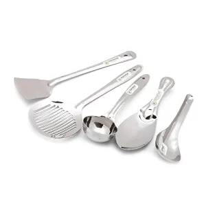 Coconut Stainless Steel Round Laddle Skimmer (Jhara) Plus Rice Spoon (Chamcha) Plain Rice Spoon and Slotted Turner/Spatula (Palta) for Cooking/Frying/Stirring/Serving - Set of 5