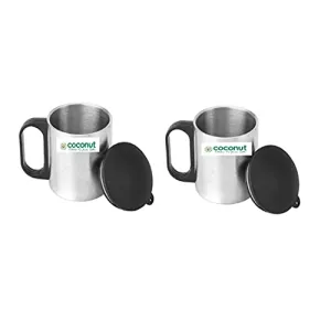 Coconut Stainless Steel Expresso Coffee Mug with Lid Set of 2 (Each Mug Capacity 180 ML)