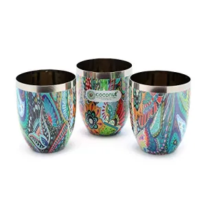 Coconut Stainless Steel Printed Designer Multi Colour Water Glass/ Tumbler - Capacity -300ML -Pack of 3 Glasses