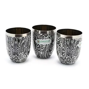 Coconut Stainless Steel Printed Designer Black and White Water Glass/ Tumbler - Capacity -300ML -Pack of 3 Glasses
