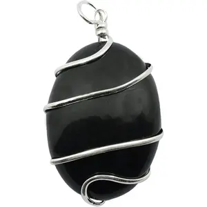 Reiki Crystal Products Black Tourmaline Natural Stone Pendant Wire Wrapped Oval Pendant Semi Precious Stone Pendants for Unisex