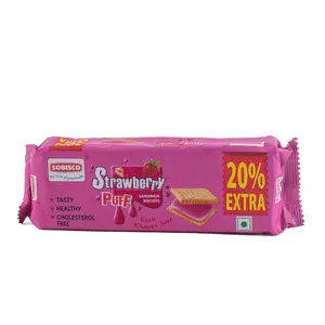 SOBISCO Strawberry Puff Sandwich Cream Biscuits Tasty Healthy and Cholesterol Free (72g) (Pack of 40)