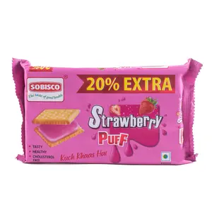 SOBISCO Strawberry Puff Sandwich Cream Biscuits Tasty Healthy and Cholesterol Free (144g) (Pack of 10)