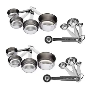 Dynore Set of 4 Measuring Cup and 4 Measuring Spoon -Set of 2, Silver, (DS_1091)