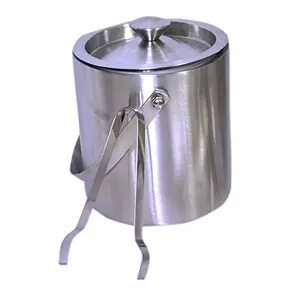 Dynore Stainless Steel Double Wall Ice Bucket 1000 ml with Ice Tong- Set of 2