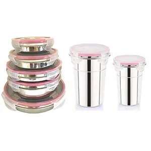 Dynore Stainless Steel 5 Pc Pink Tiffin with 2 Glass Tumbler 400/600 ml- Set of 7