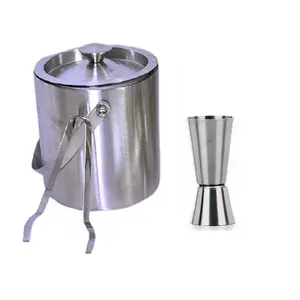 Dynore Double Walled Stainless Steel Insulated Ice Bucket 1.5 LTR with Lid and Ice Tong and Tall peg Measure 30/60 ml