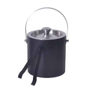 Dynore Stainless Steel Double Wall Ice Bucket 1500 ml with Ice Tong- Set of 2 Black Matt