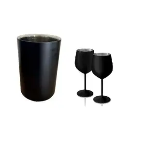 Dynore Stainless Steel Black Matte Wine Cooler 800 ml with 2 Goblet Glass- Set of 3