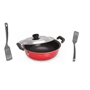 Dynore Non- Stick Deep Fry Kadai with SS Lid and 2 Nylon Spatulas- 2 LTR