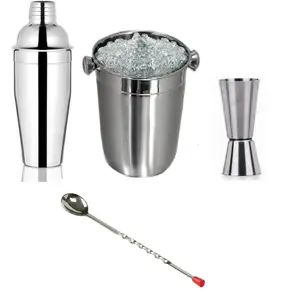 Dynore Set of 4 Indica Bar Set - Delux Cocktail Shaker 500 ml, Tall peg Measure 30 & 60 ml, Ice Bucket 1000 ml, Stirrer