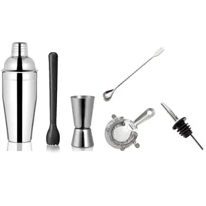 Dynore Stainless Steel 6 Pcs Multiutility Bar Set/ Bar Accessories- Fork Bar Spoon, Delux Cocktail Shaker 750 ml, Black PVC Muddler, Cocktail Strainer, Tall Peg Measure 30/60 ml, 1 Wine Pourer Set of 6