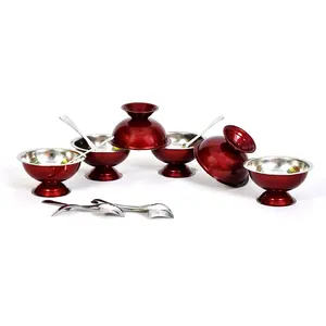 Dynore Set of 12 Maroon Stainless Steel ice Cream Cup/Soup Bowl and Spoon Set- 6 Each