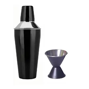 Dynore 2 pc Black Color bar Set - Cocktail Shaker 750 ML and Double Sided Peg Measure 30/60 ML