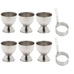 Dynore Stainless Steel Set of 2 Round Egg/Pancake Ring with Handle and Set of 6 Egg Cups