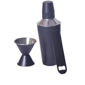 Dynore 3 pc Black Color bar Set - Cocktail Shaker 750, Double Sided Peg Measure 30/60 and Bottle Opener