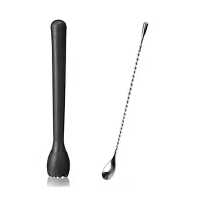 Dynore Stainless Steel Teardrop Bar Spoon with Black PVC Muddler- Set of 2