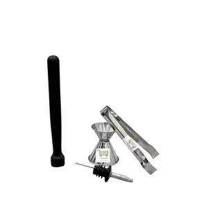 Dynore Stainless Steel 4 pcs Bar Accessories Set- PVC Muddler Black, Peg Measure, Ice Tong, Wine Pourer
